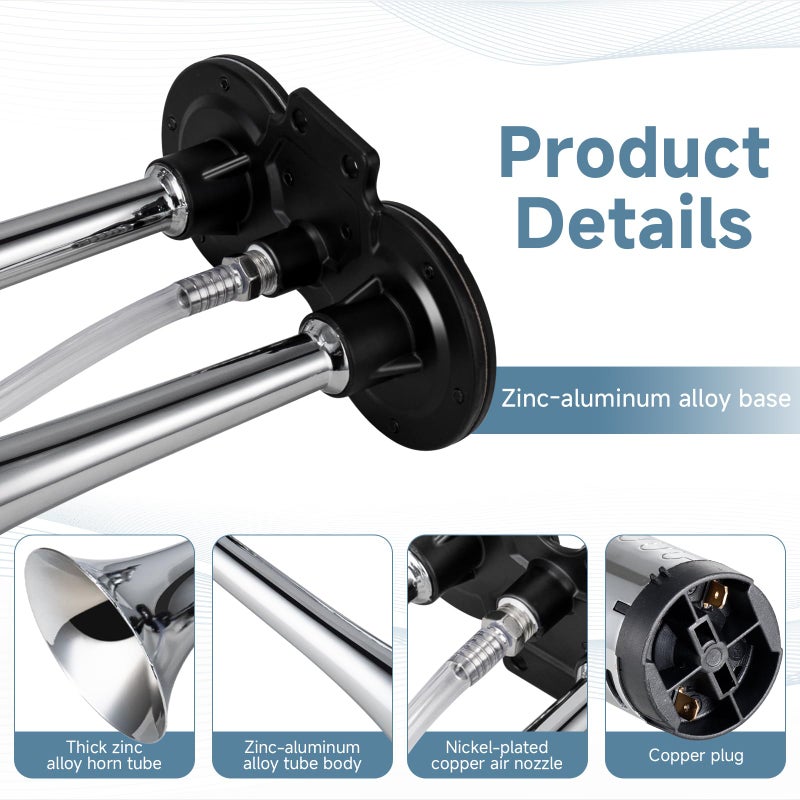 FARBIN بوق سيارة FARBIN 12V 150db بوق هوائي عالي الصوت، بوق مزدوج من الكروم والزنك، بوق شاحنة مع ضاغط وحزمة أسلاك، لأي مركبة 12V - Image 3
